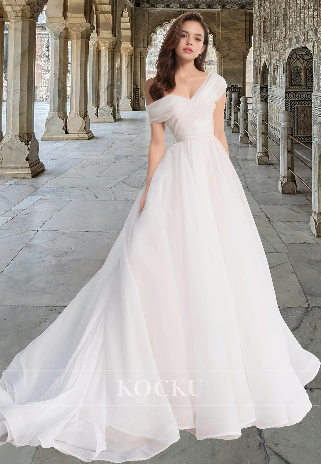Elegant One Shoulder Sleeveless A-Line Pleated Lace Wedding Dress with Train Boho Gowns