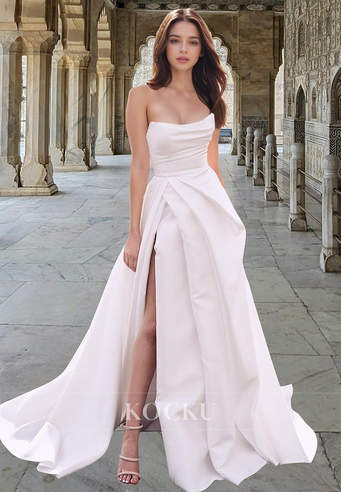 Simple Tube Top A-Line Pleated Satin Beach Wedding Dress Boho Gowns with High Slit