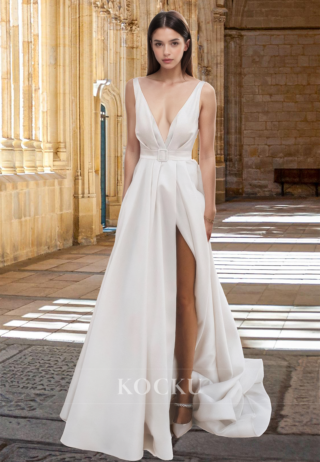 Deep V-Neck Straps A-Line High Split Pleated Satin Wedding Dress Bridal Gowns with Train