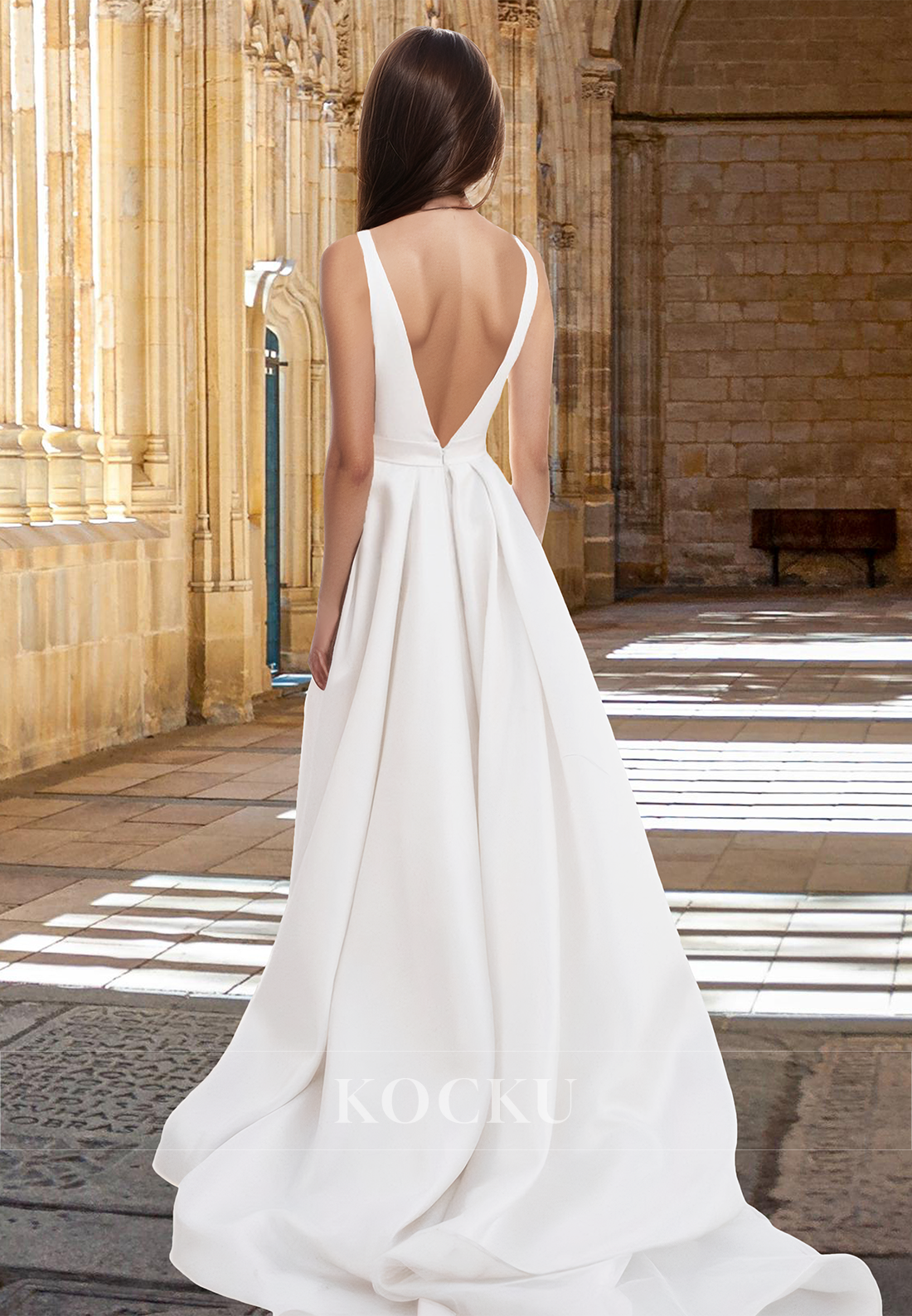 Deep V-Neck Straps A-Line High Split Pleated Satin Wedding Dress Bridal Gowns with Train