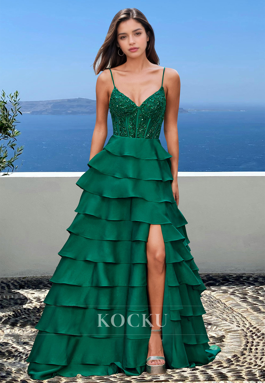 Elegant A-Line V-Neck Spaghetti Straps Beaded Tiered Satin Prom Party Dress with Appliques