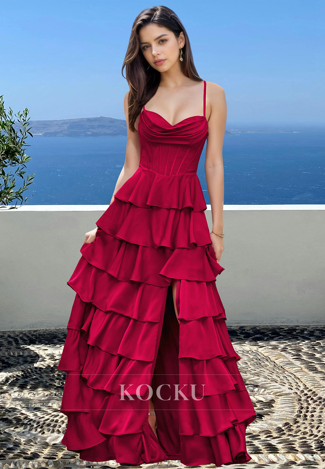 Elegant A-Line Sweetheart Straps Stripe Tiered Satin Party Gown with Slit Prom Dress