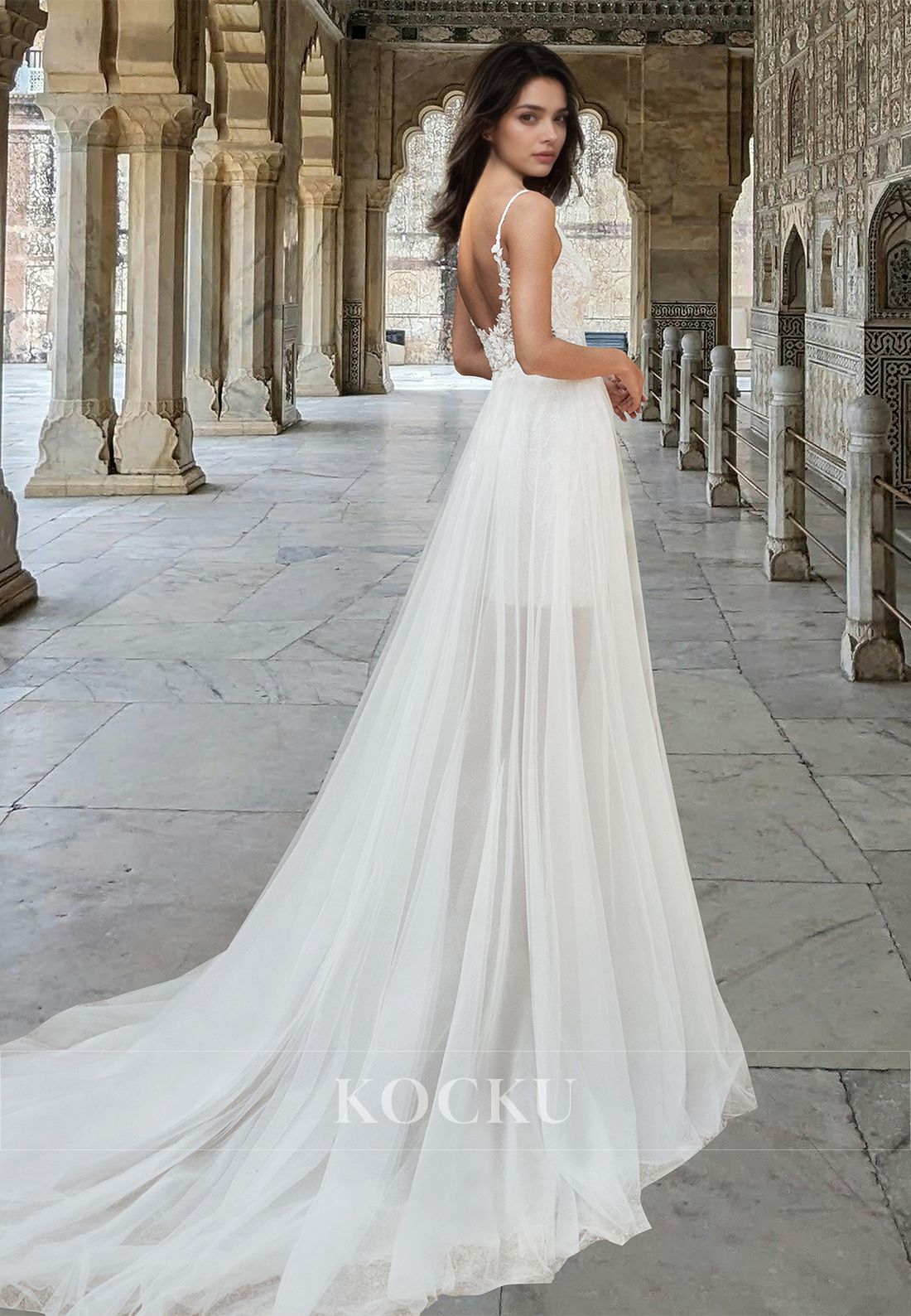 Bohemian Spaghetti Straps V-Neck Sheath Appliques Sequin Beach Wedding Dress with Overskirt