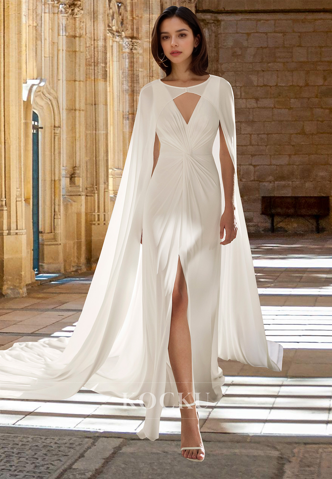 Classic A-Line V-Neck Straps Sleeveless Two Piece Satin Wedding Dress Boho Gown with Slit