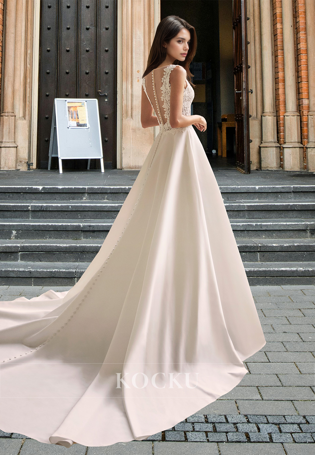 Simple A-Line V-Neck Straps Pleated Satin Appliques Beach Wedding Bridal Gown with Train