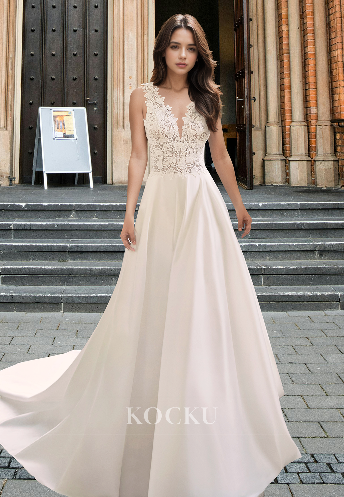 Simple A-Line V-Neck Straps Pleated Satin Appliques Beach Wedding Bridal Gown with Train