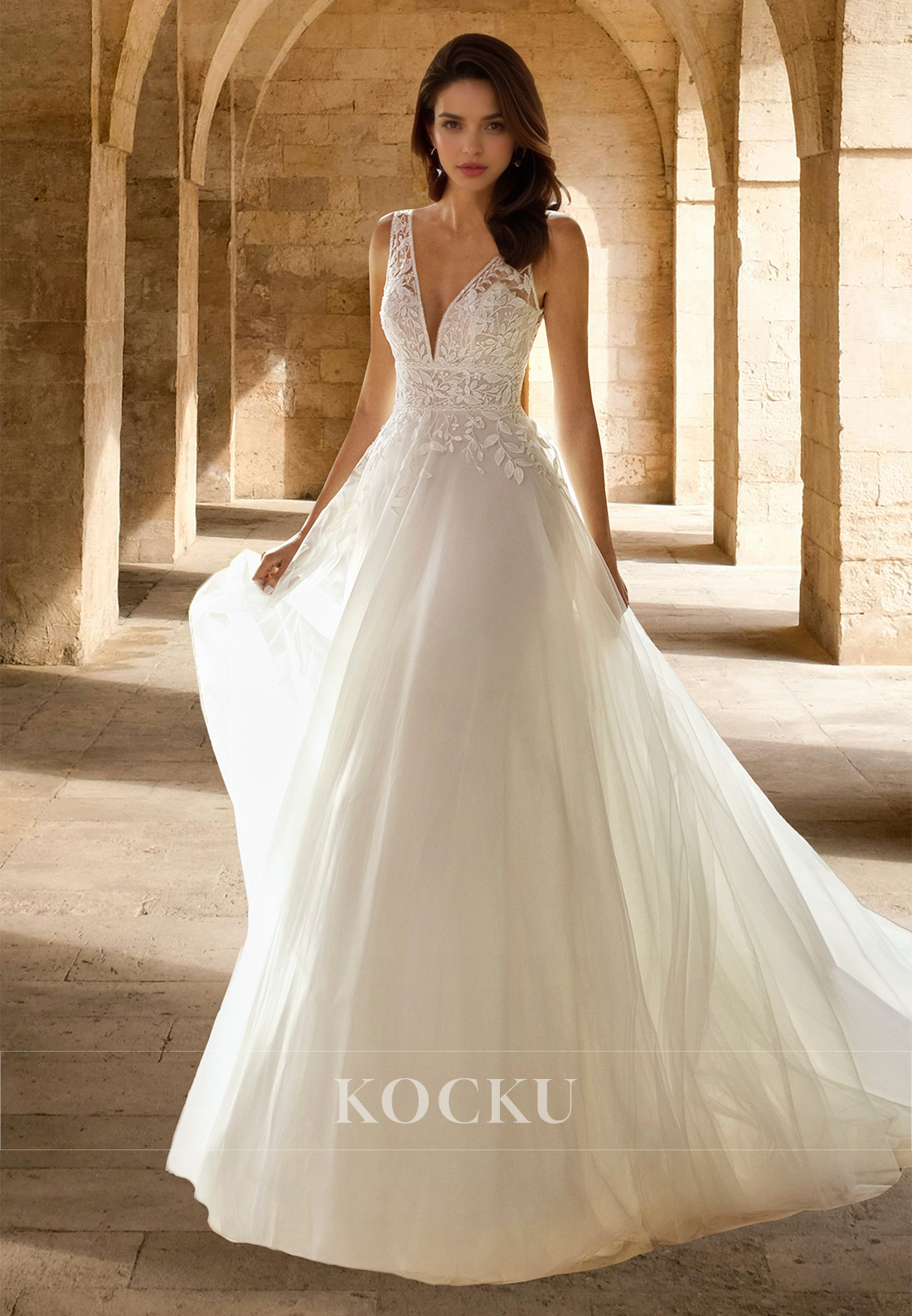 Elegant Deep V-Neck Straps Wedding Dress A-Line Lace Boho Gowns with Appliques