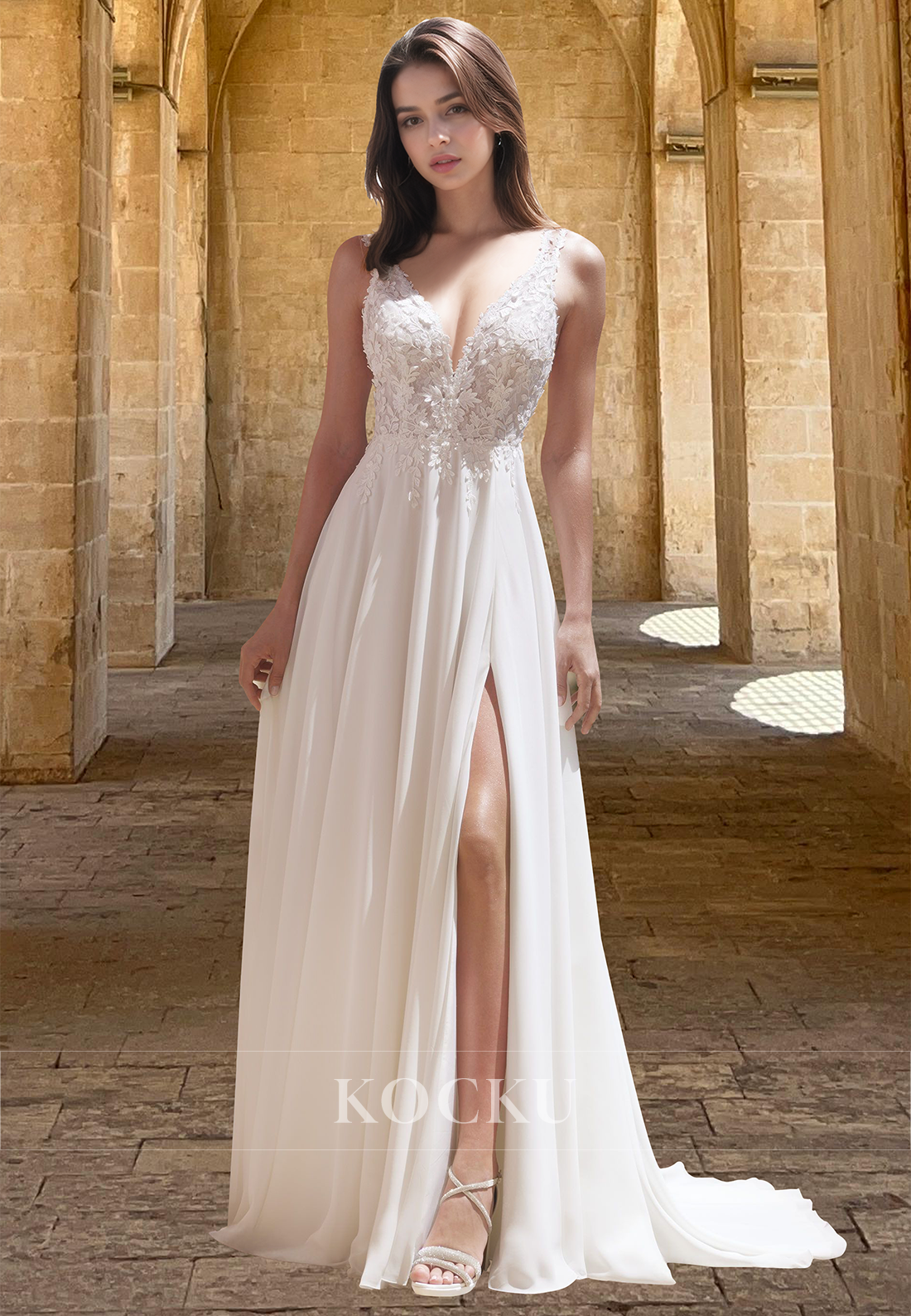 Elegant A-Line V-Neck Straps Side Slit Pleats Chiffon Wedding Dress Bridal Gowns with Applique
