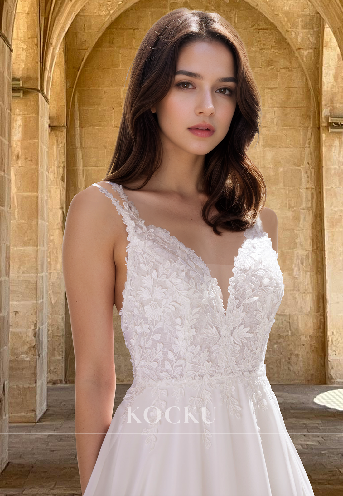 Elegant A-Line V-Neck Straps Side Slit Pleats Chiffon Wedding Dress Bridal Gowns with Applique