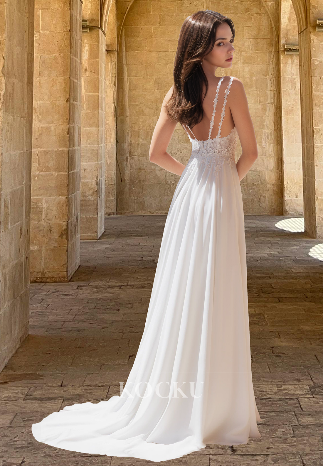 Elegant A-Line V-Neck Straps Side Slit Pleats Chiffon Wedding Dress Bridal Gowns with Applique