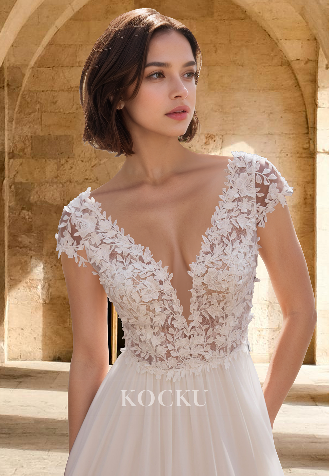 Classic Cap Sleeves V-Neck Wedding Dress A-Line Appliques Boho Gowns with Train