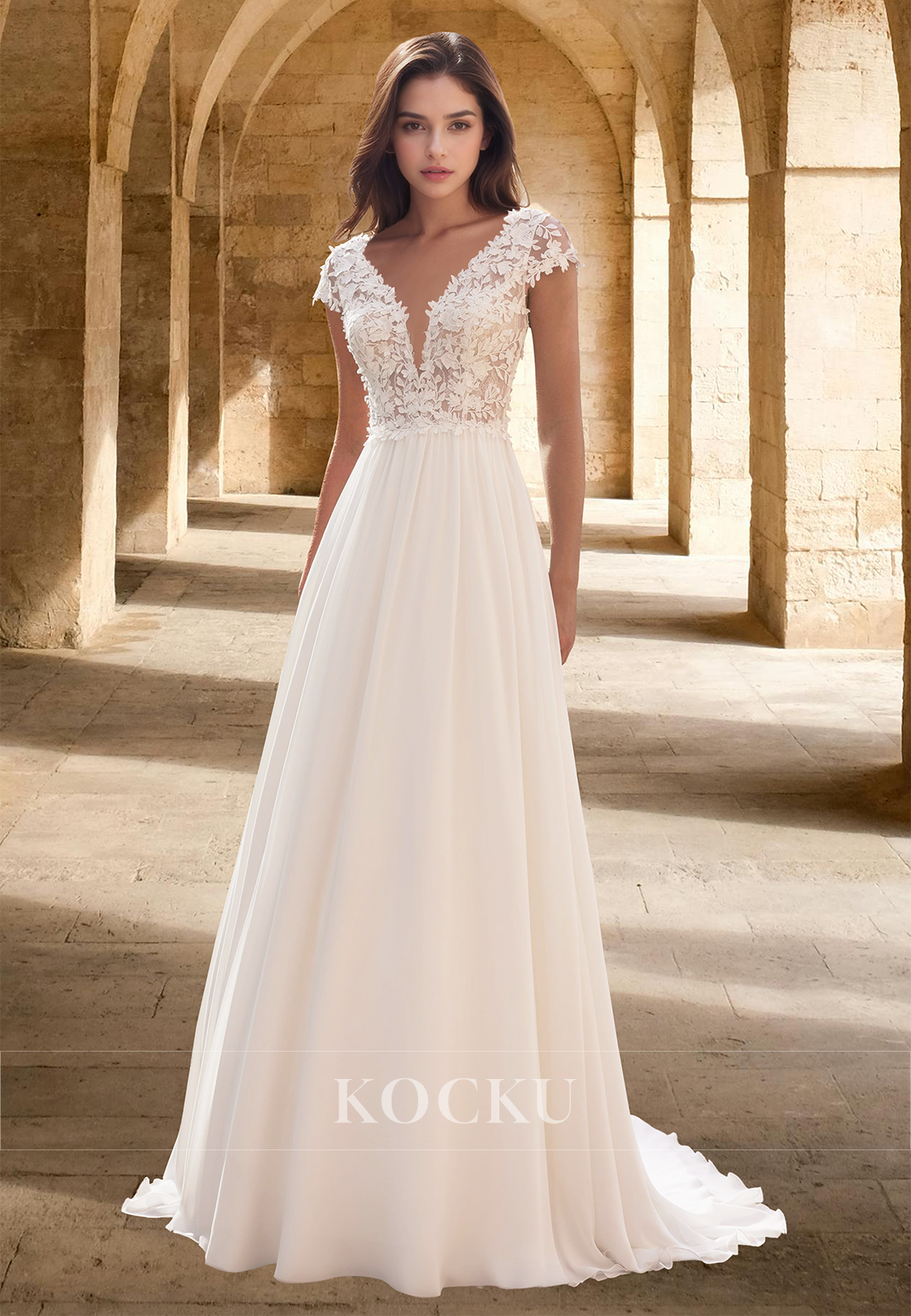 Classic Cap Sleeves V-Neck Wedding Dress A-Line Appliques Boho Gowns with Train