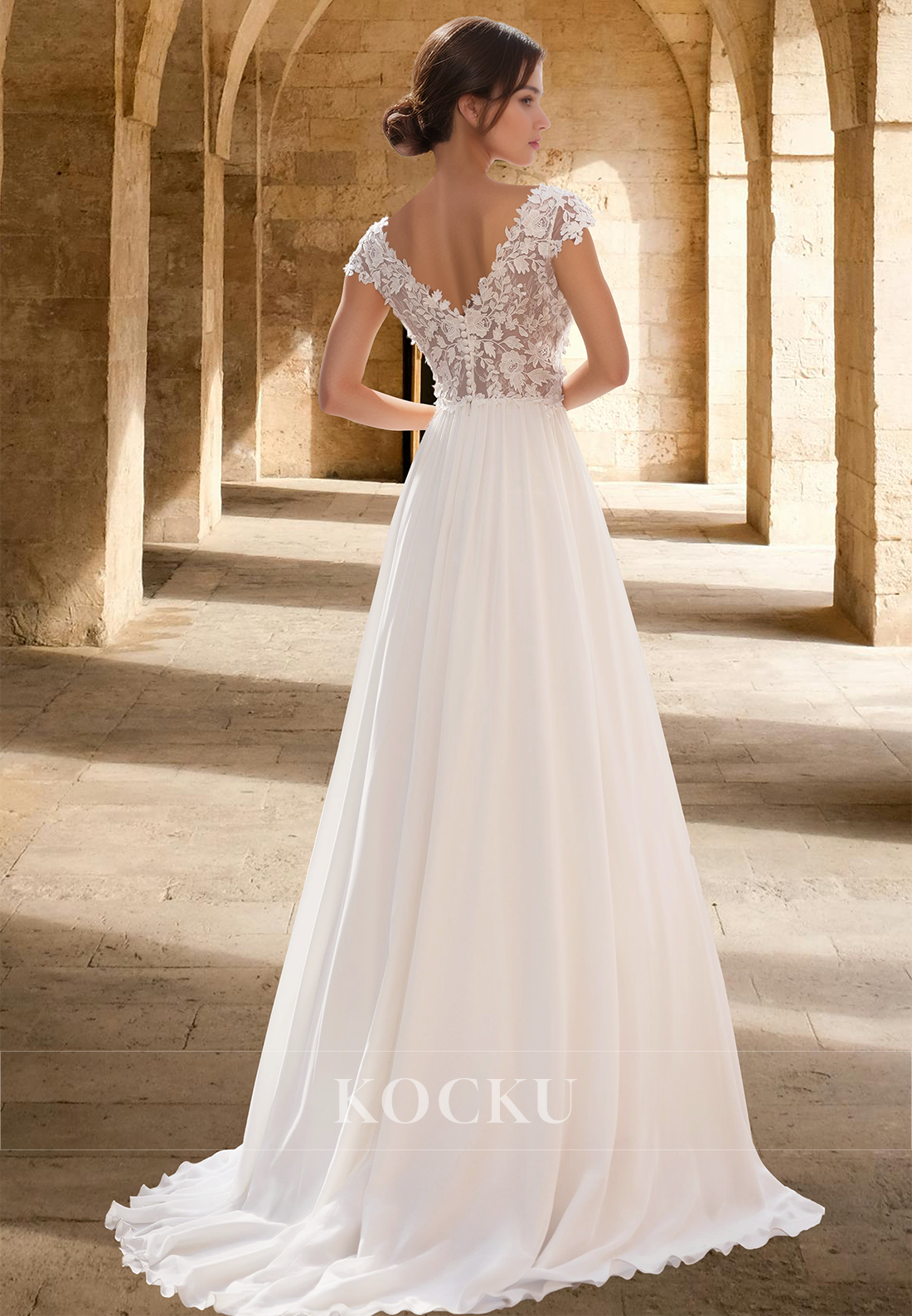 Classic Cap Sleeves V-Neck Wedding Dress A-Line Appliques Boho Gowns with Train