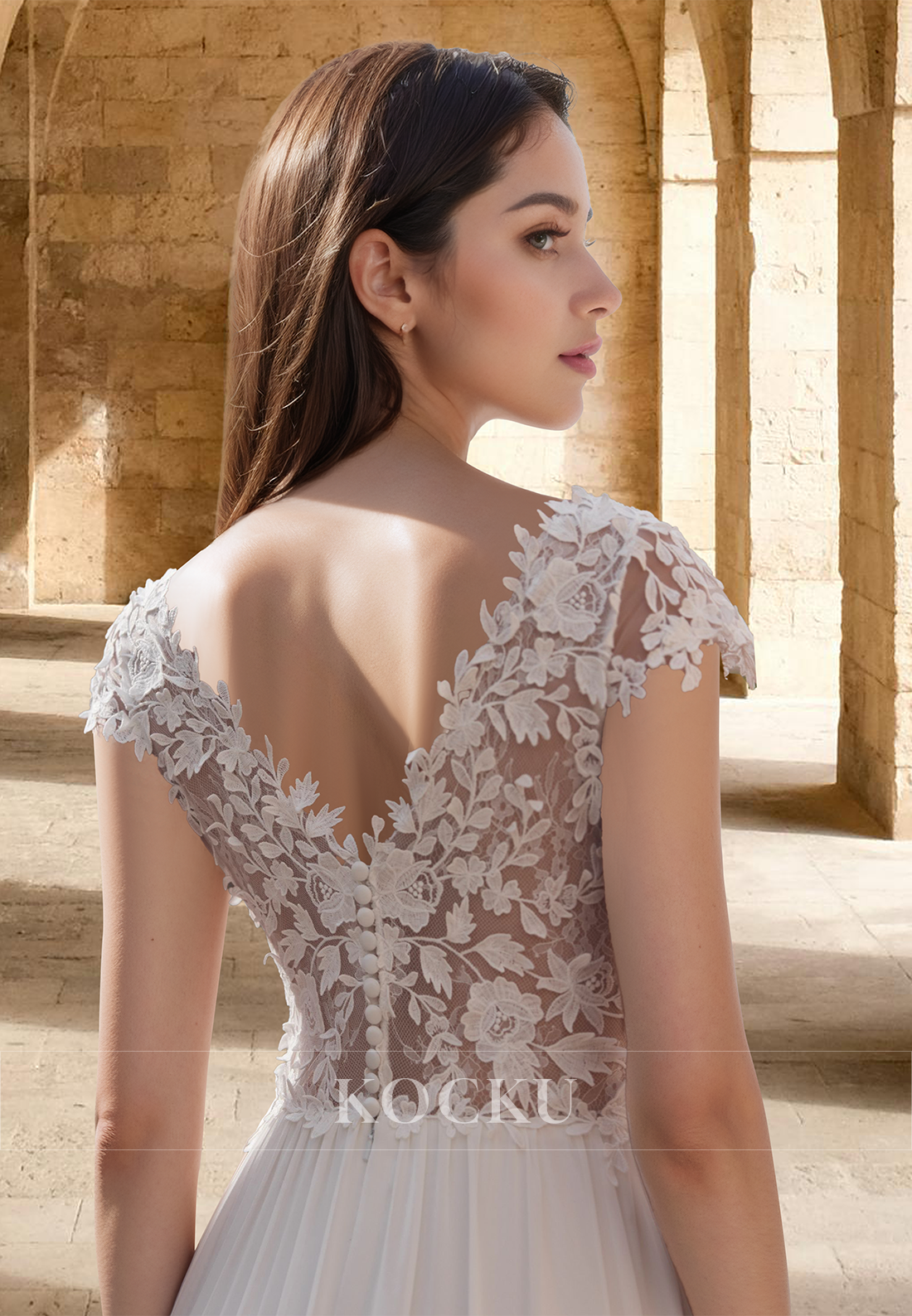 Classic Cap Sleeves V-Neck Wedding Dress A-Line Appliques Boho Gowns with Train