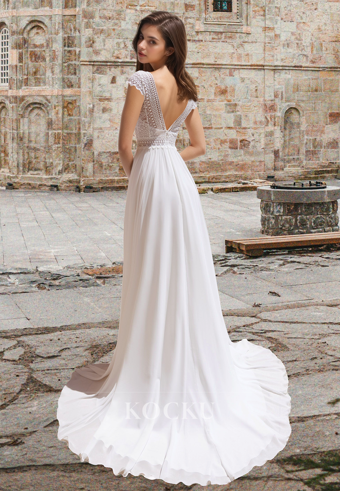Glamorous A-Line Cap Sleeves V-Neck Appliques Wedding Dress Boho Gowns with Slit