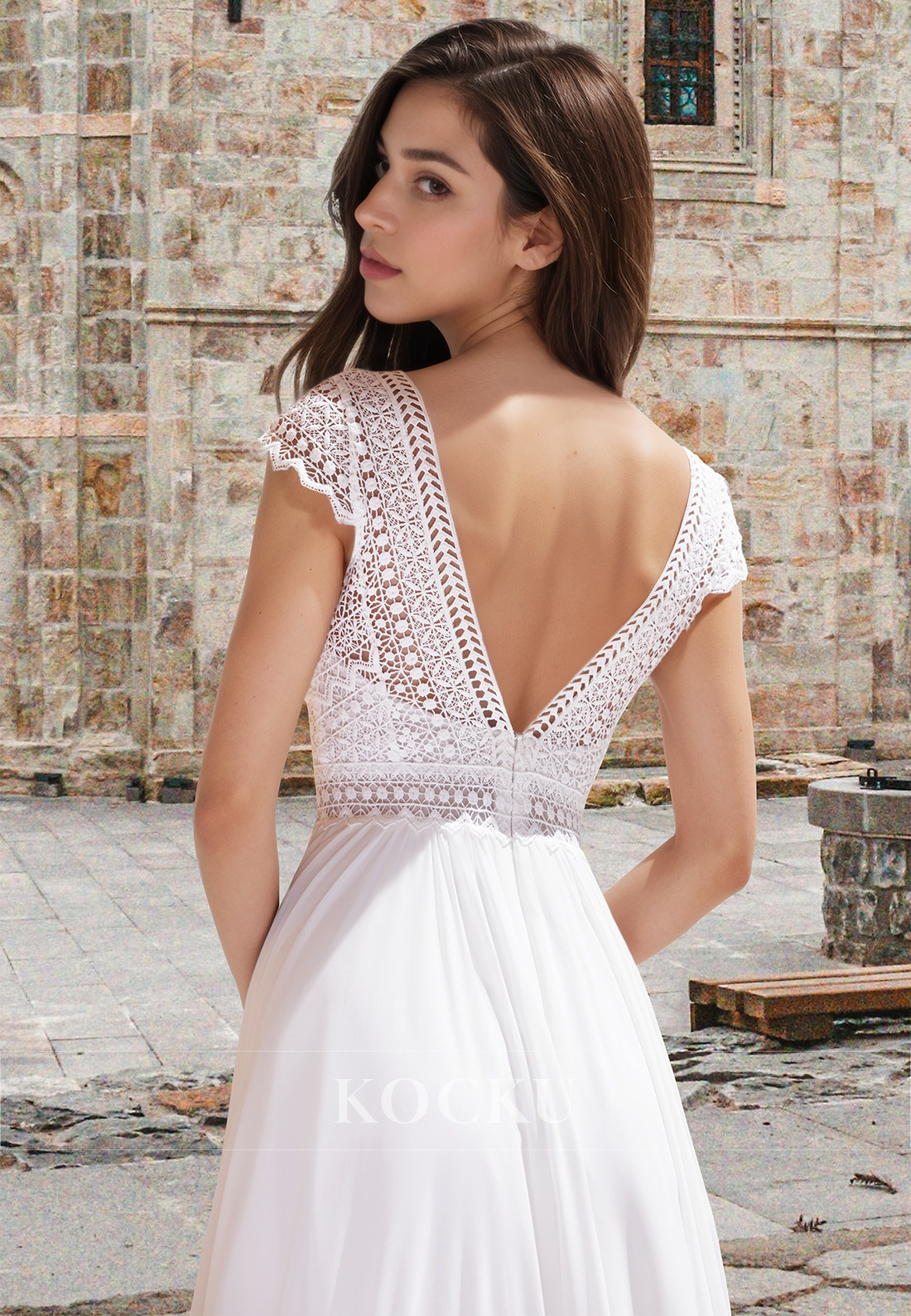 Glamorous A-Line Cap Sleeves V-Neck Appliques Wedding Dress Boho Gowns with Slit