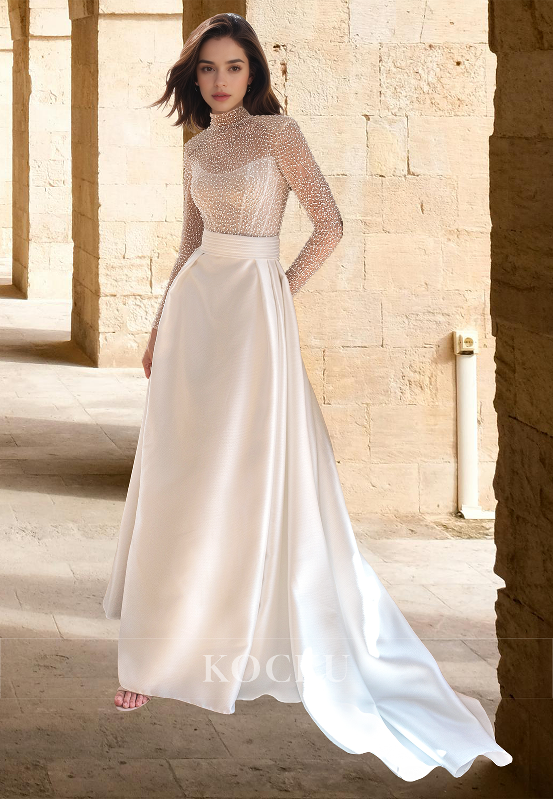 Beaded High Neck Long Sleeves Fitted Satin Beach Wedding Dress with Train Boho Gowns
