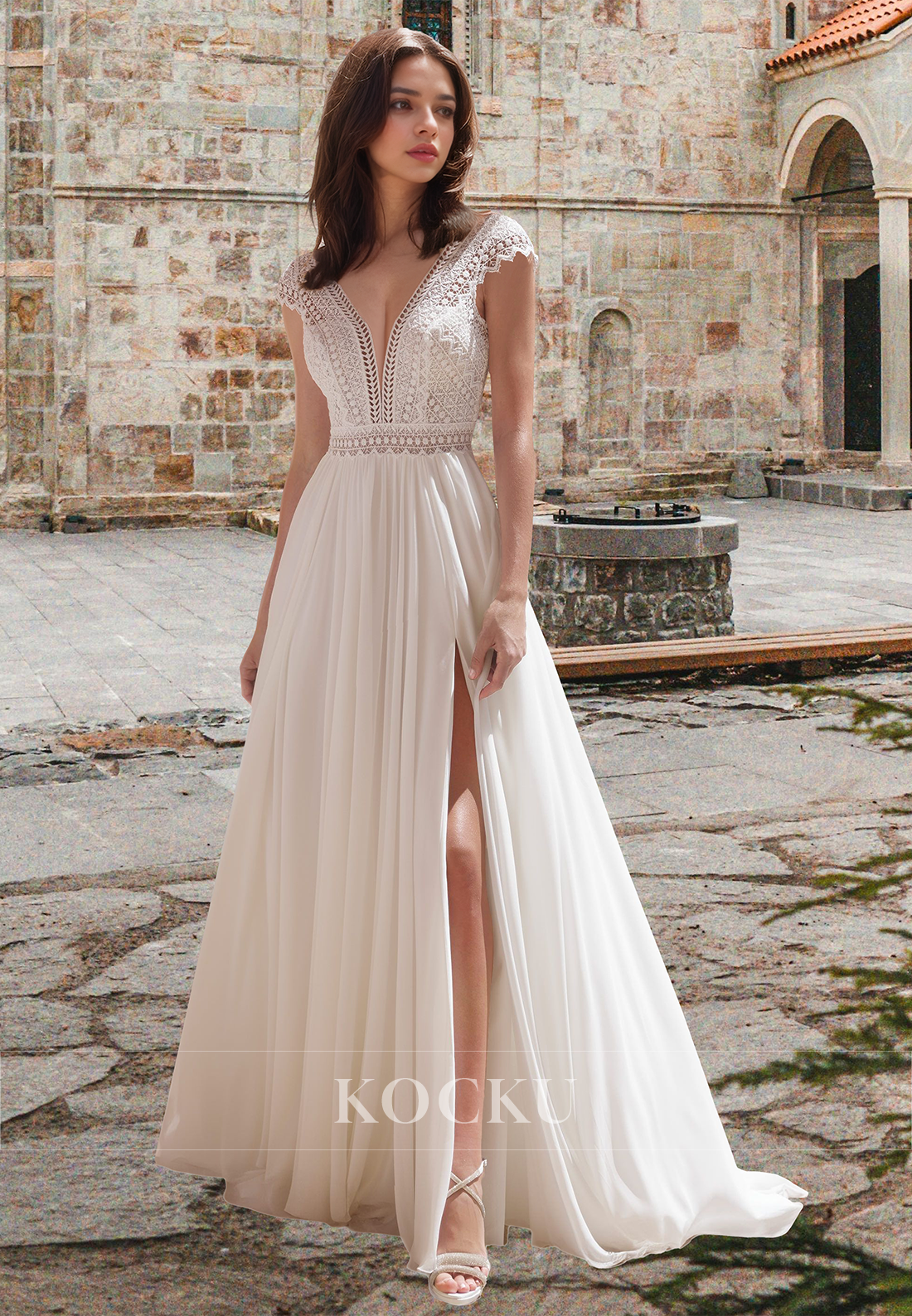 Glamorous A-Line Cap Sleeves V-Neck Appliques Wedding Dress Boho Gowns with Slit