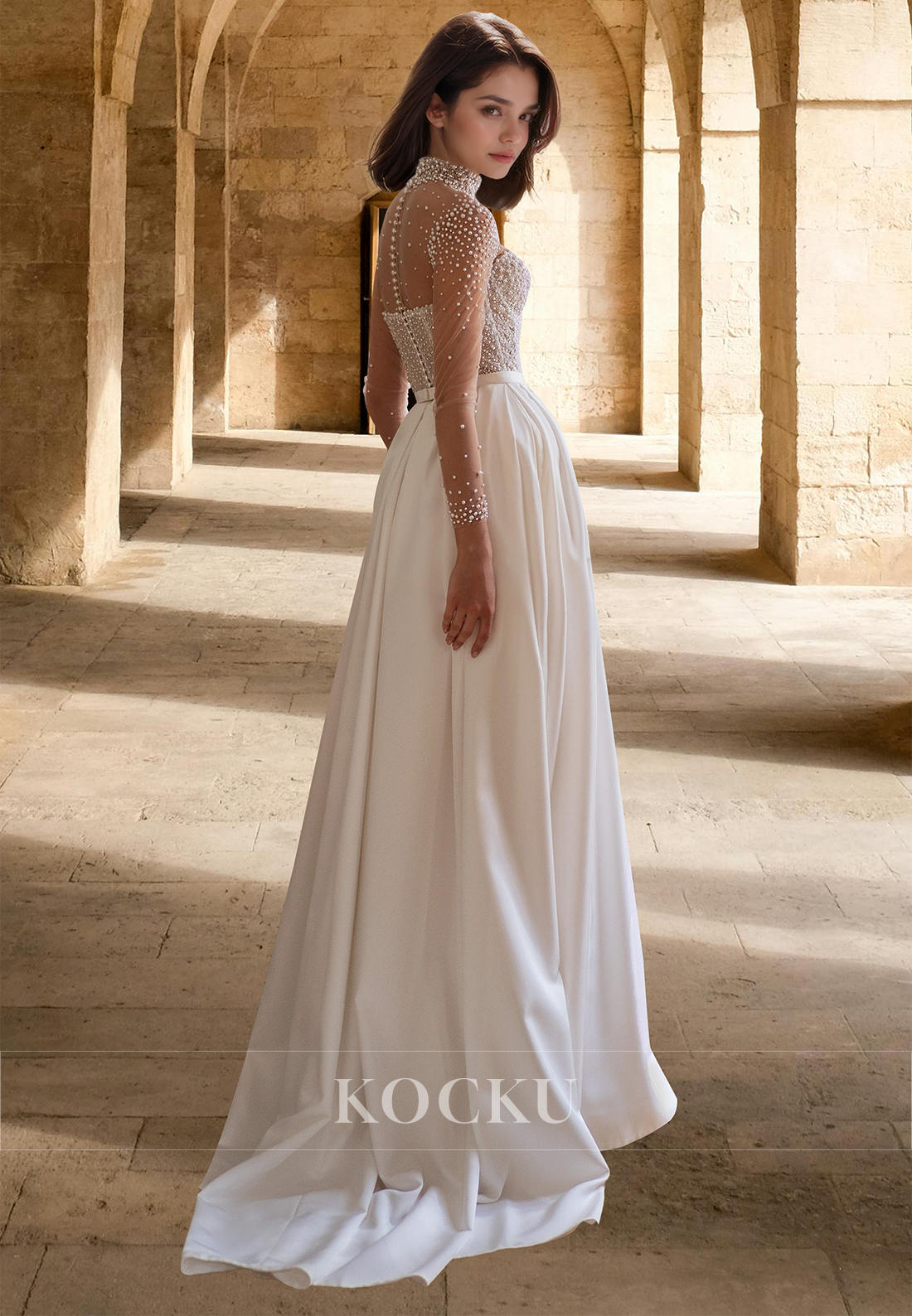 Luxurious High Neck Long Sleeves A-Line Pleated Satin Bridal Gown with Beads Wedding Dress