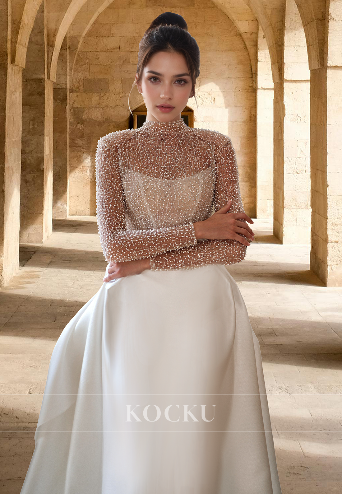 Beaded High Neck Long Sleeves Fitted Satin Beach Wedding Dress with Train Boho Gowns
