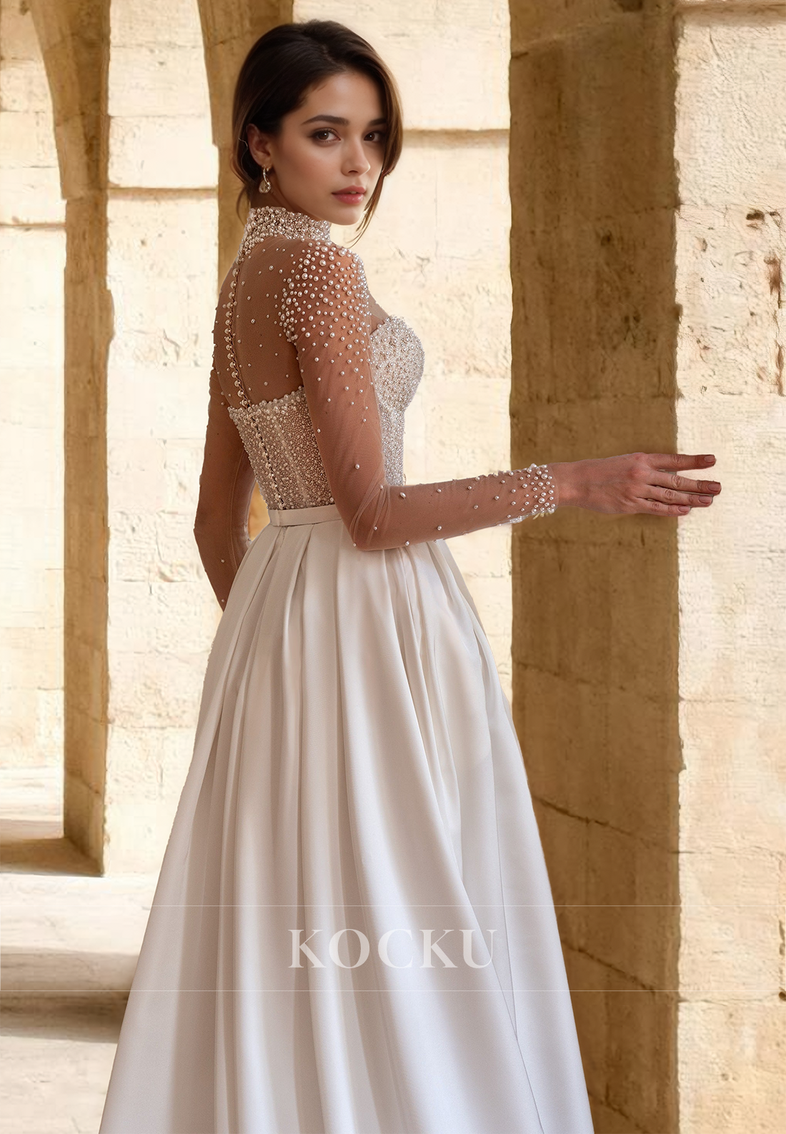 Luxurious High Neck Long Sleeves A-Line Pleated Satin Bridal Gown with Beads Wedding Dress