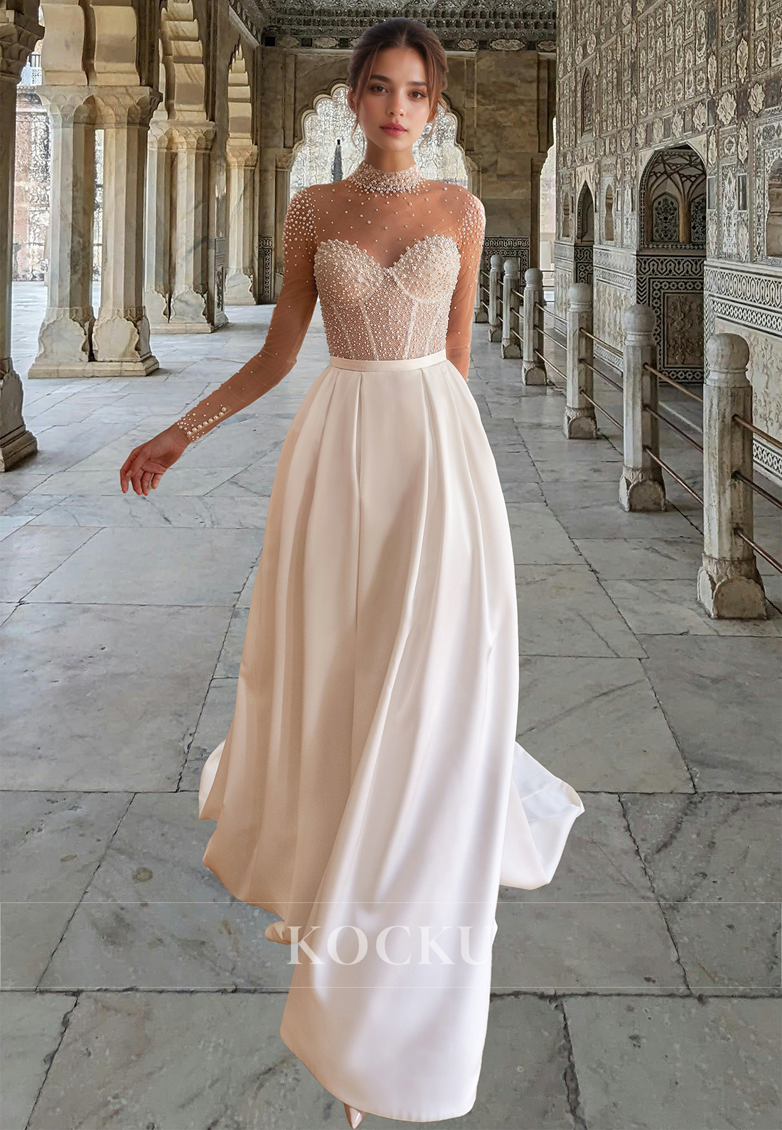 Luxurious High Neck Long Sleeves A-Line Pleated Satin Bridal Gown with Beads Wedding Dress