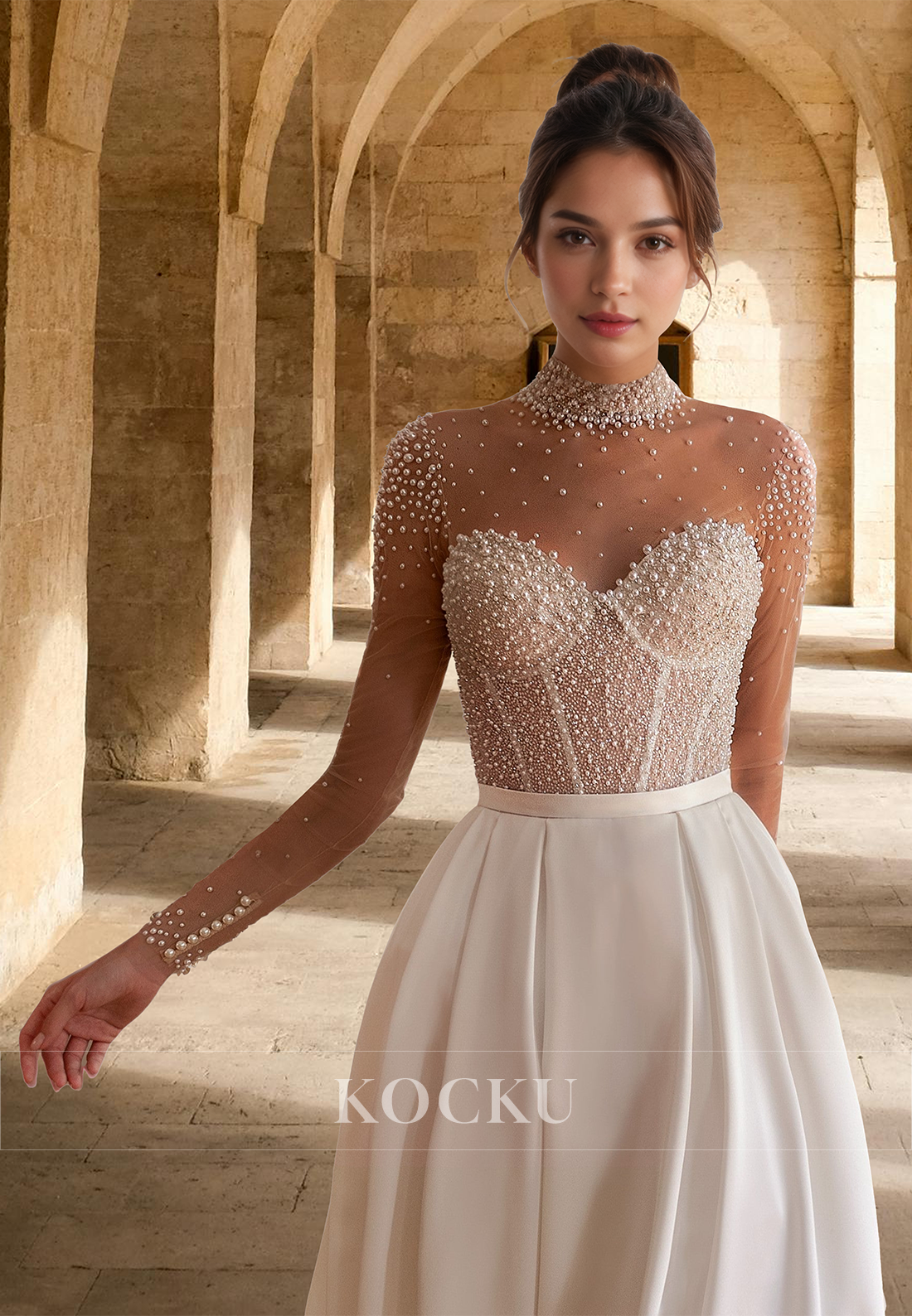 Luxurious High Neck Long Sleeves A-Line Pleated Satin Bridal Gown with Beads Wedding Dress