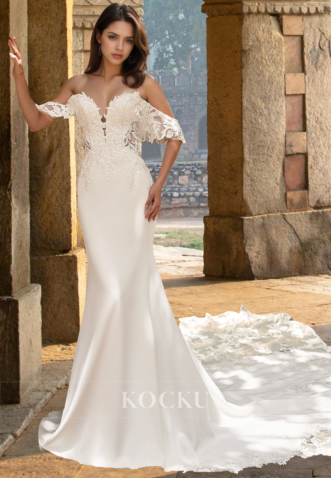 Romantic Off-Shoulder Mermaid Sweep Train Satin Bridal Gowns Wedding Dress with Applique