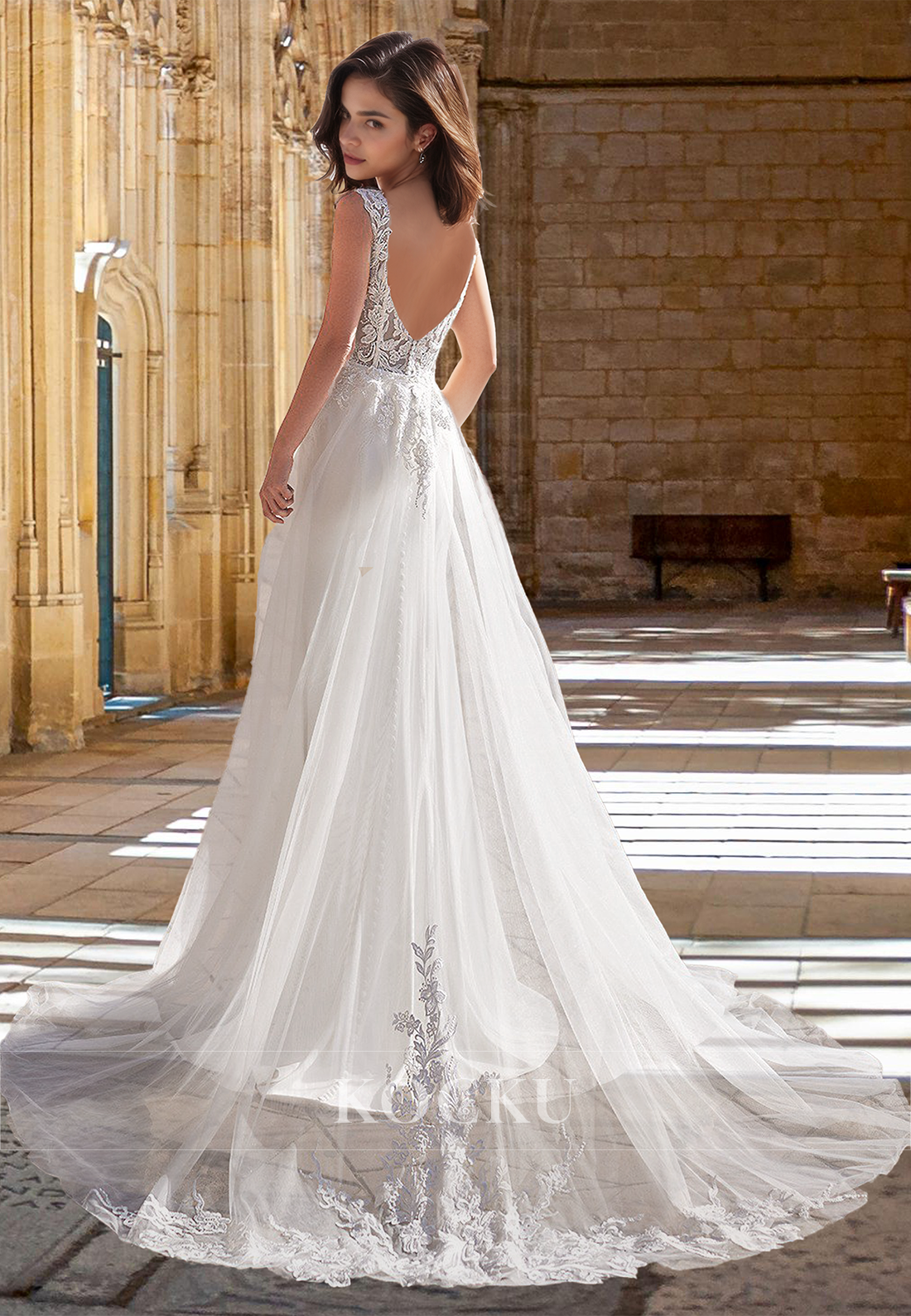 Bohemian V-Neck Straps Fitted Satin Appliques Satin Beach Wedding Dress with Train
