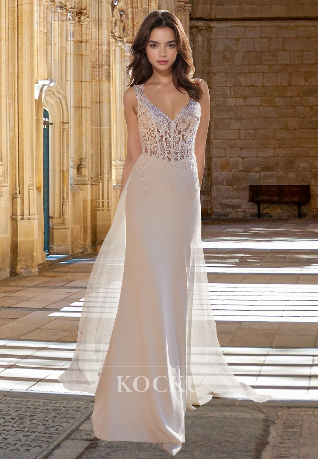 Bohemian V-Neck Straps Fitted Satin Appliques Satin Beach Wedding Dress with Train