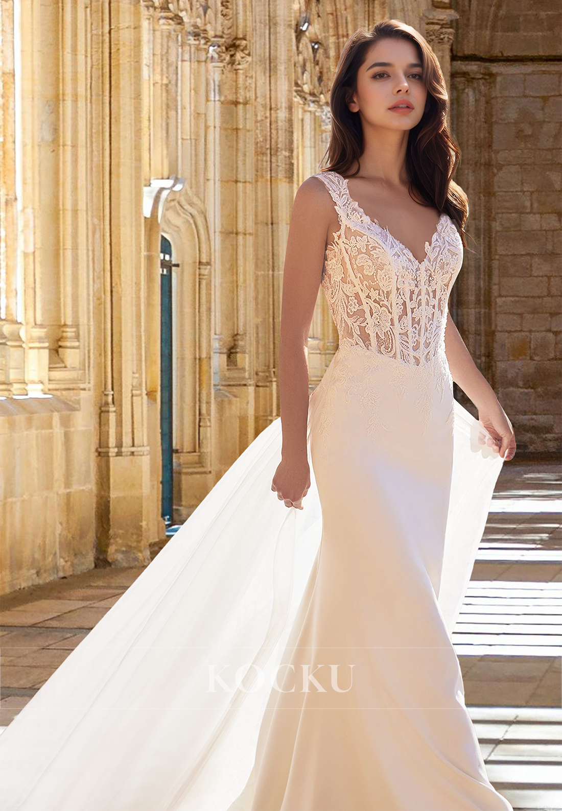 Bohemian V-Neck Straps Fitted Satin Appliques Satin Beach Wedding Dress with Train