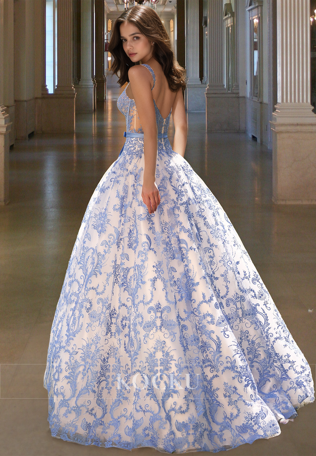 Glamorous A-Line Straps Appliques Lace Bows Prom Dress with Beaded Formal Gown