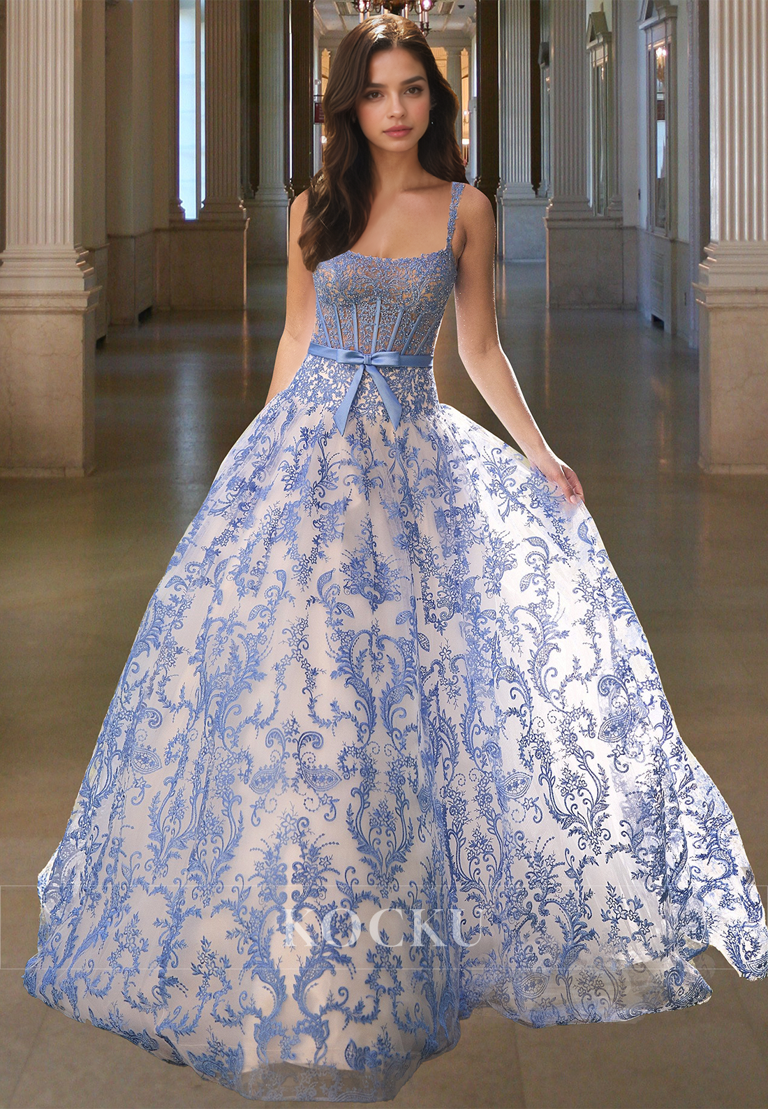 Glamorous A-Line Straps Appliques Lace Bows Prom Dress with Beaded Formal Gown