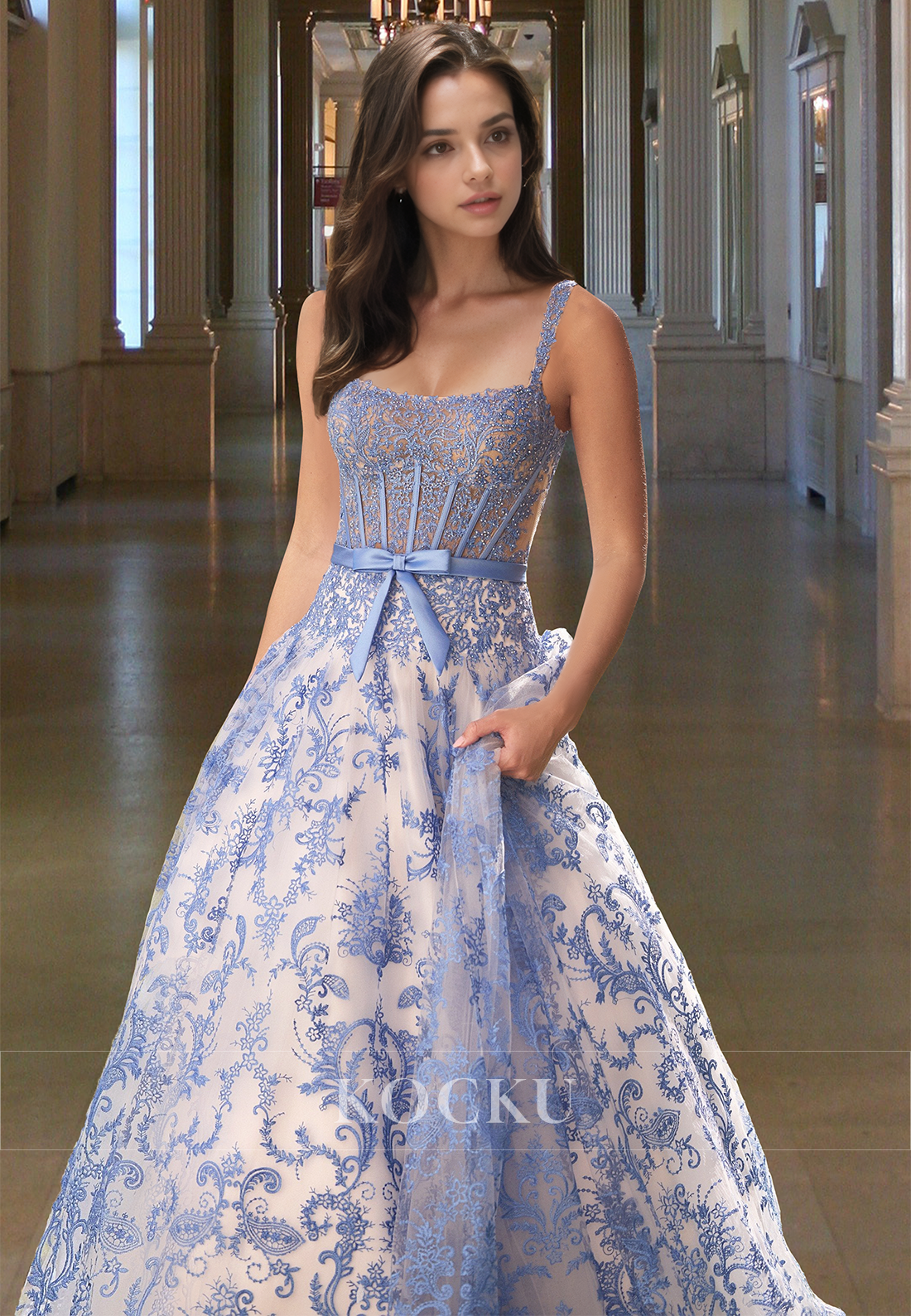 Glamorous A-Line Straps Appliques Lace Bows Prom Dress with Beaded Formal Gown