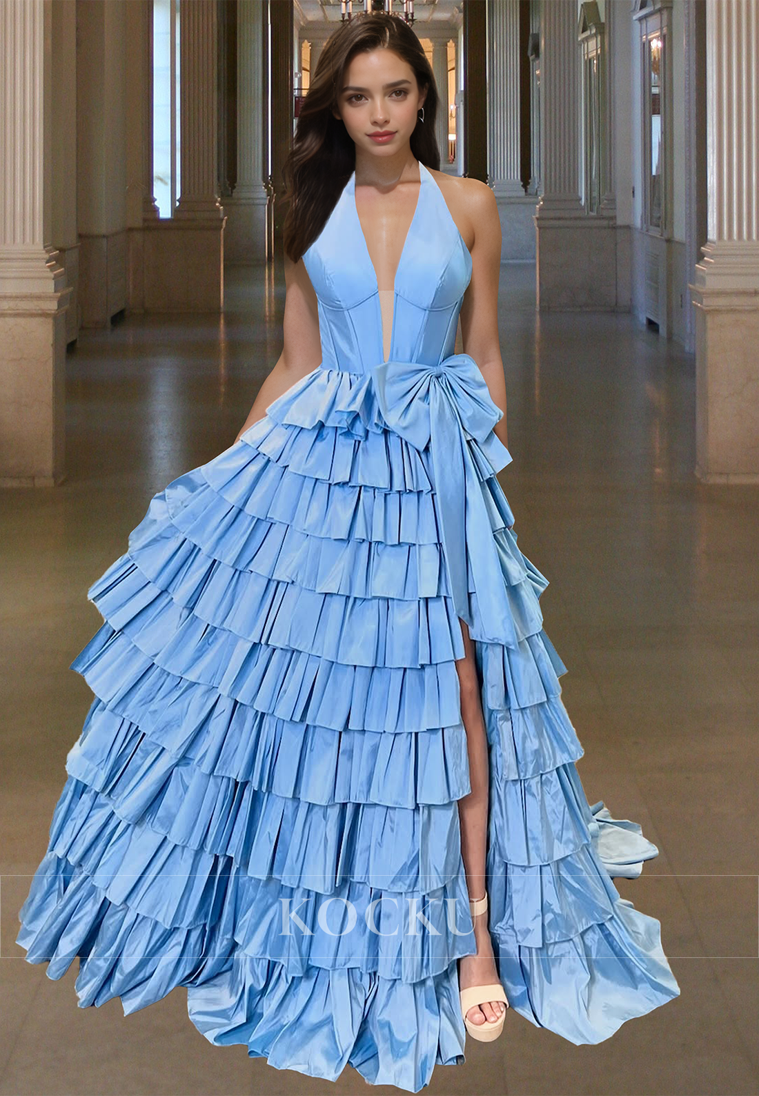 Classic Halter V-Neck A-Line Side Slit Tiered Satin Ball Gowns with Bows Prom Dress