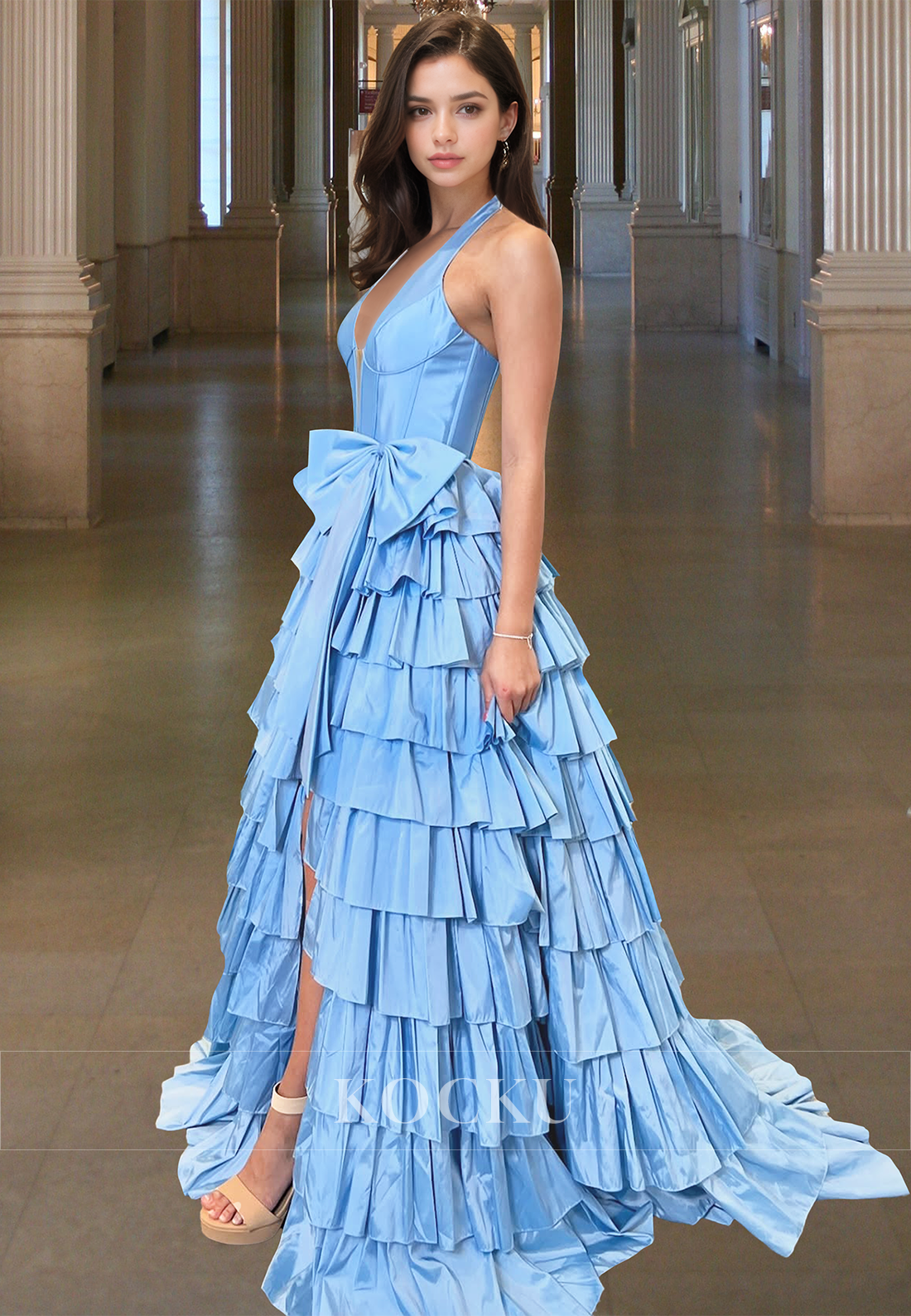 Classic Halter V-Neck A-Line Side Slit Tiered Satin Ball Gowns with Bows Prom Dress