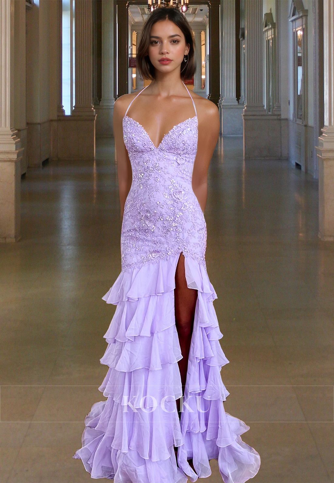 Graceful Halter Sweetheart Mermaid Side Slit Tiered Lace Party Prom Dress with Appliques