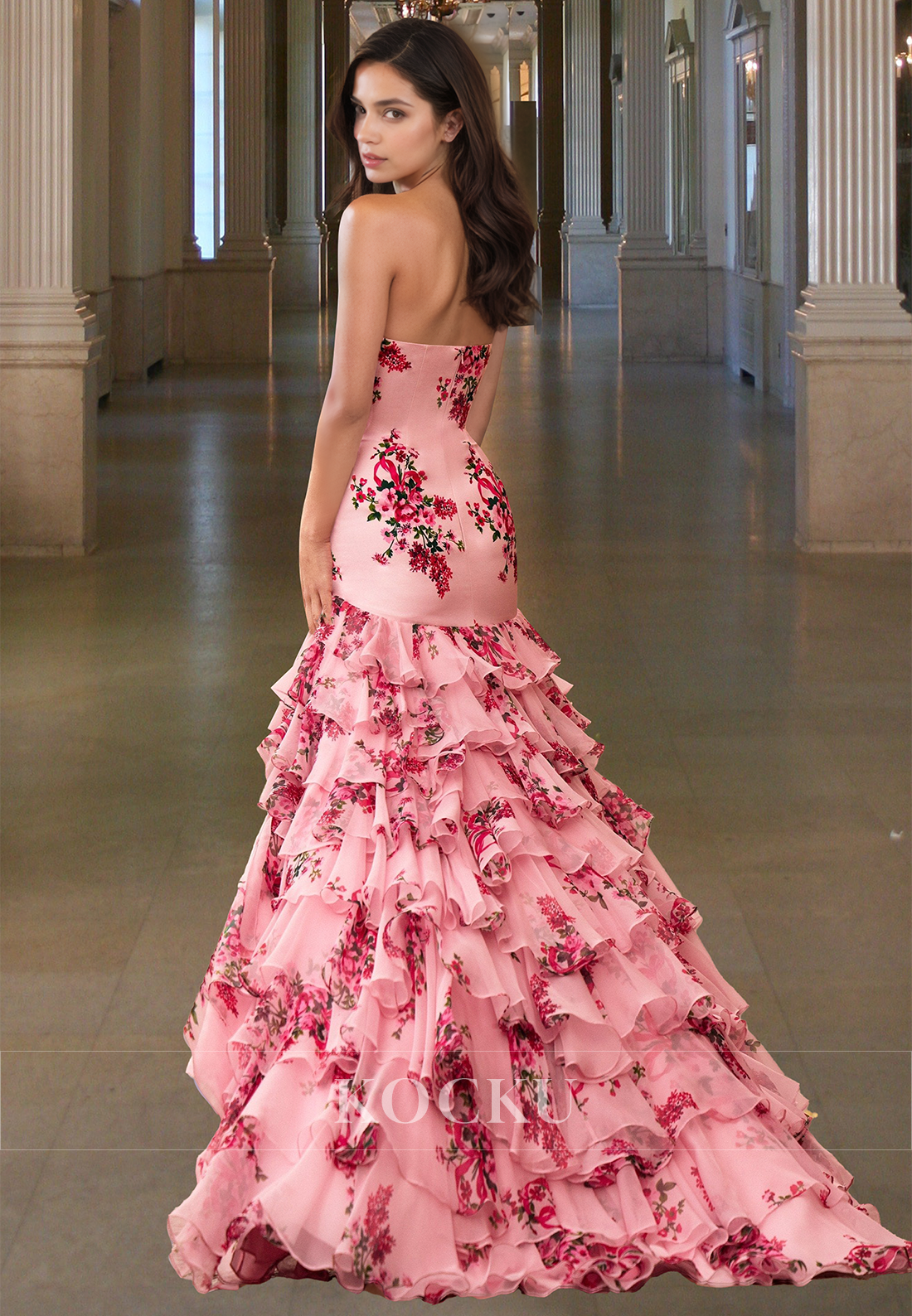 Vintage Strapless Mermaid Sleeveless Tiered Lace Appliques Formal Prom Dress with Bows