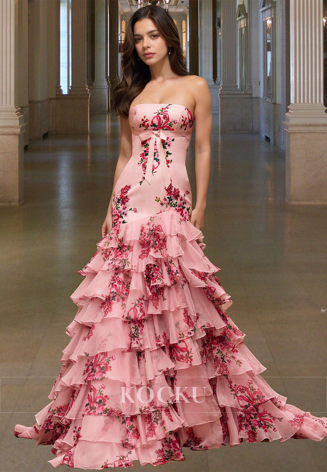 Vintage Strapless Mermaid Sleeveless Tiered Lace Appliques Formal Prom Dress with Bows