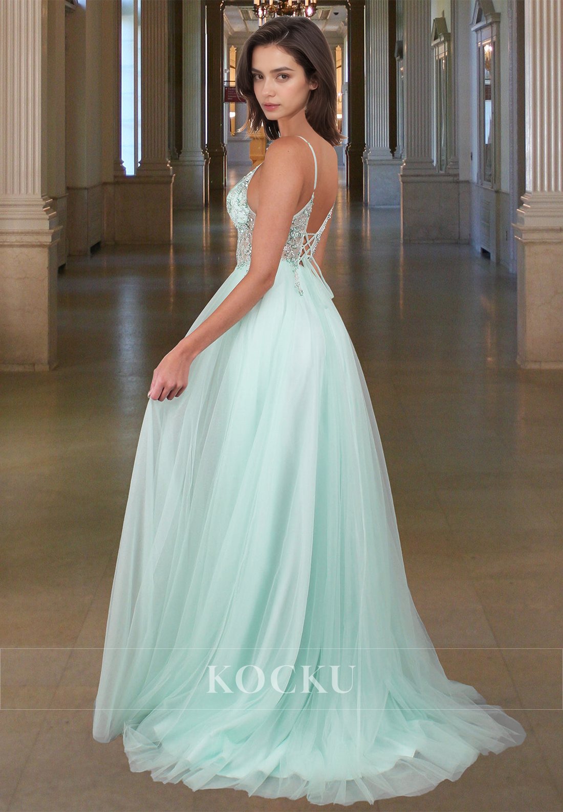 Graceful Spaghetti Straps A-Line V-Neck Side Slit Lace Prom Evening Dress with Beads