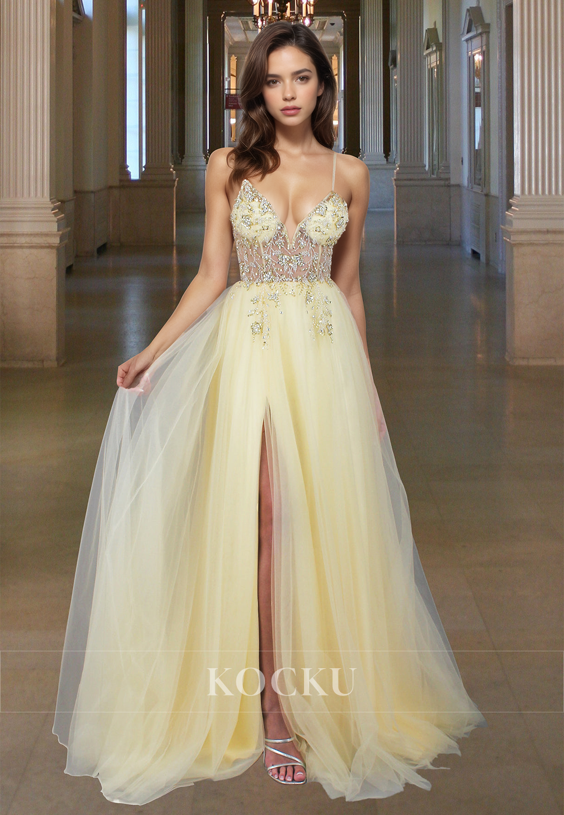 Graceful Spaghetti Straps A-Line V-Neck Side Slit Lace Prom Evening Dress with Beads