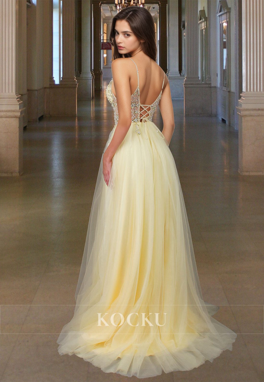 Graceful Spaghetti Straps A-Line V-Neck Side Slit Lace Prom Evening Dress with Beads