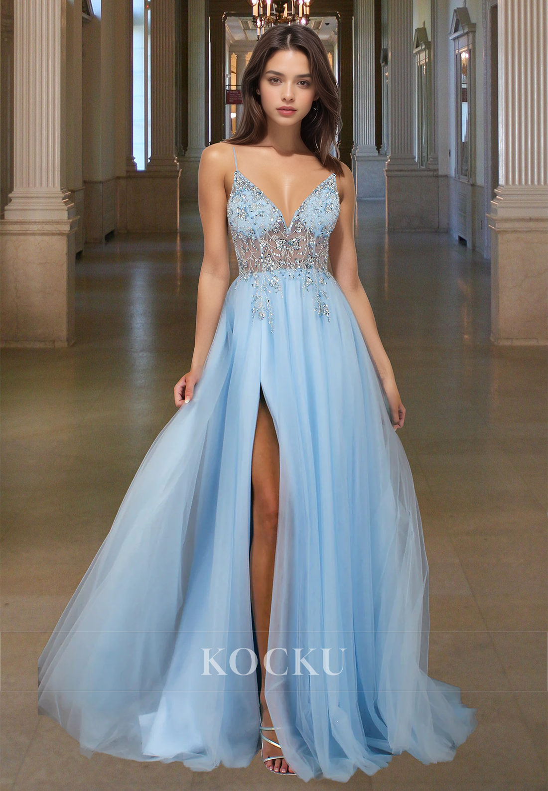 Graceful Spaghetti Straps A-Line V-Neck Side Slit Lace Prom Evening Dress with Beads