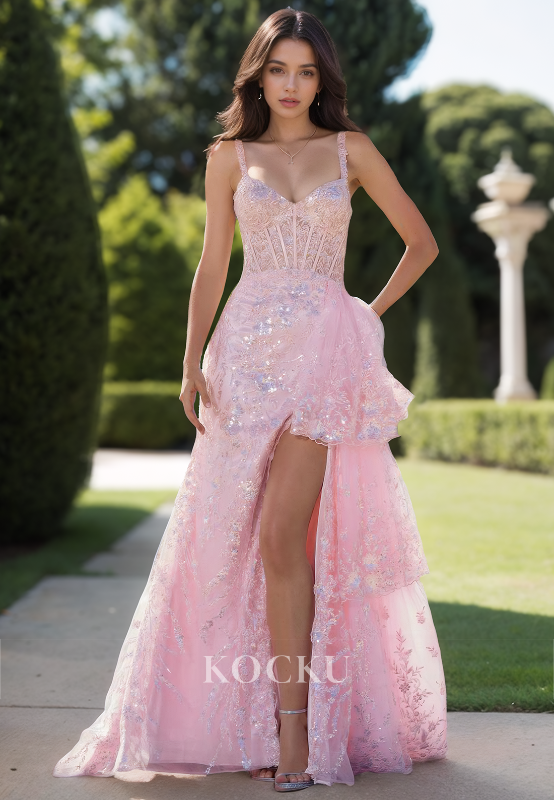Vintage Sweetheart A-Line Sparkly Appliques Lace Evening Party Dress with Slit