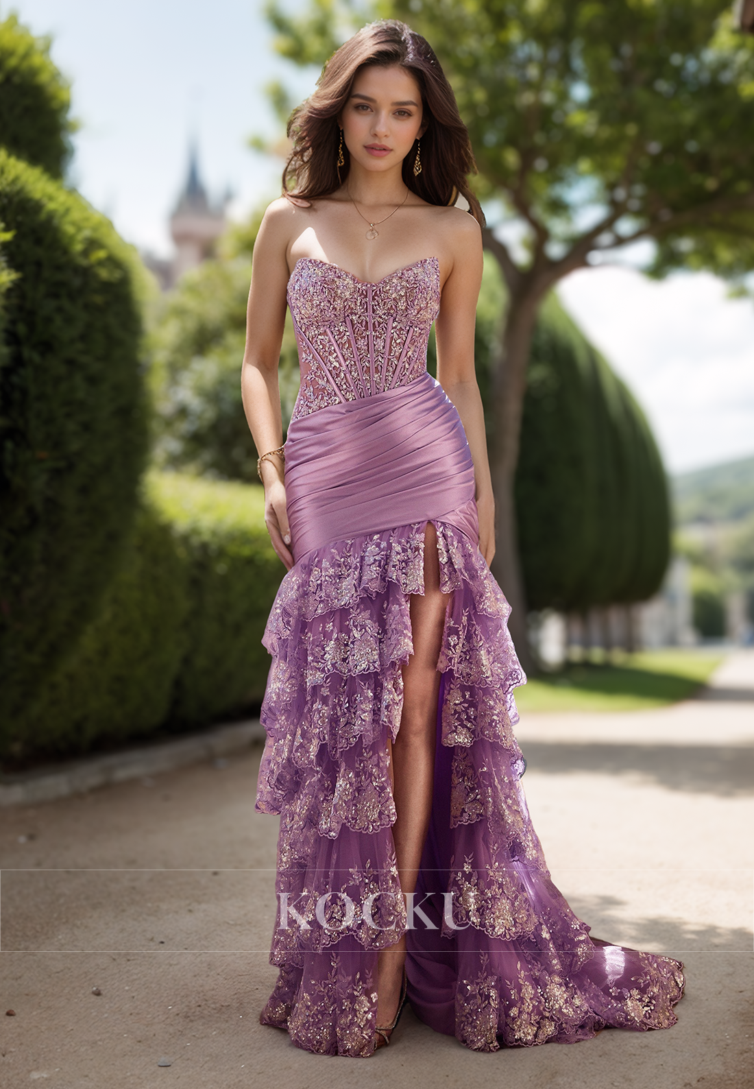 Glamorous Sweetheart Sheath Prom Dress Side Slit Pleats Lace Party Gowns with Appliques