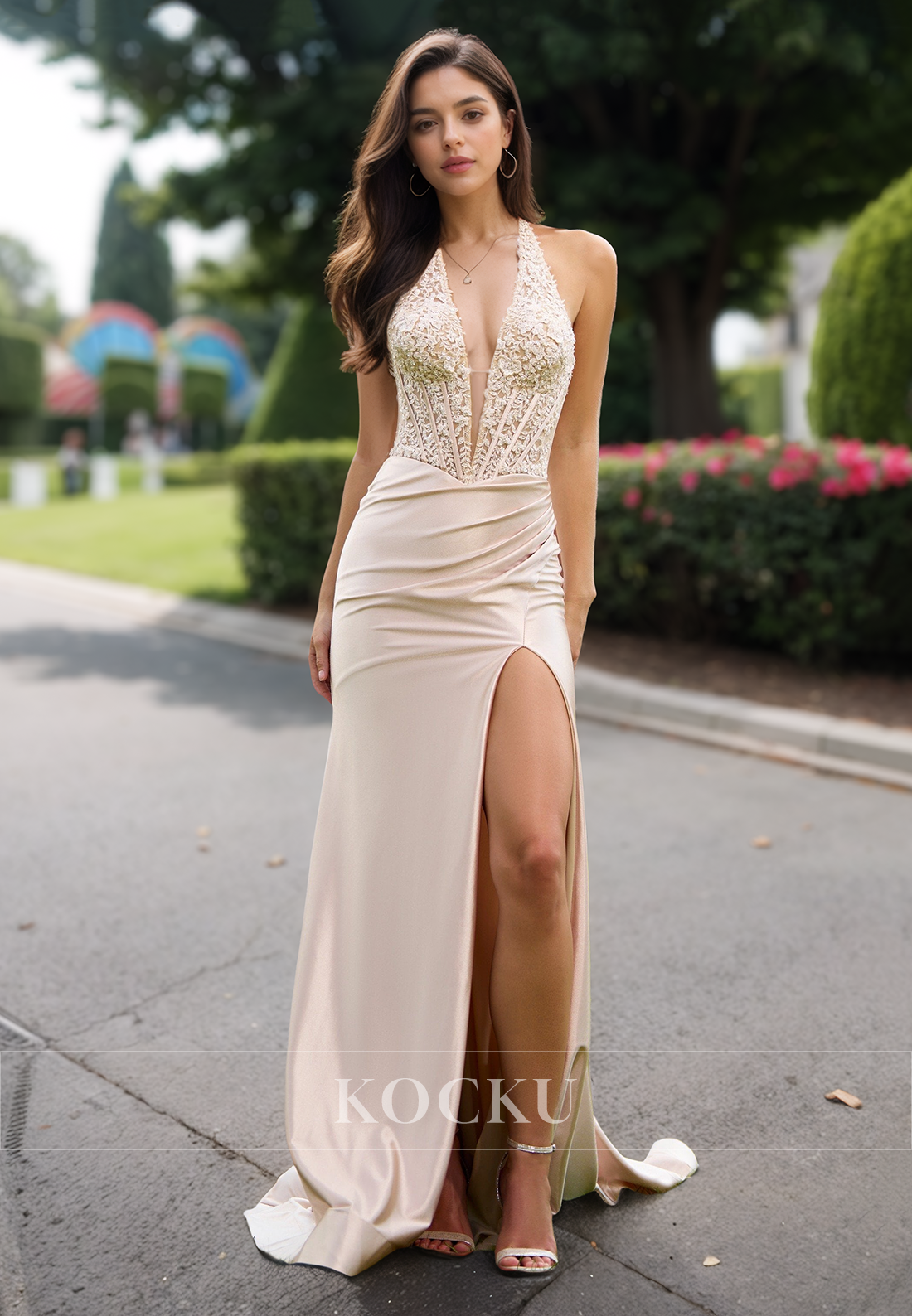 Halter V-Neck Sleeveless High Slit Satin Quinceanera Dresses Prom Gowns with Applique
