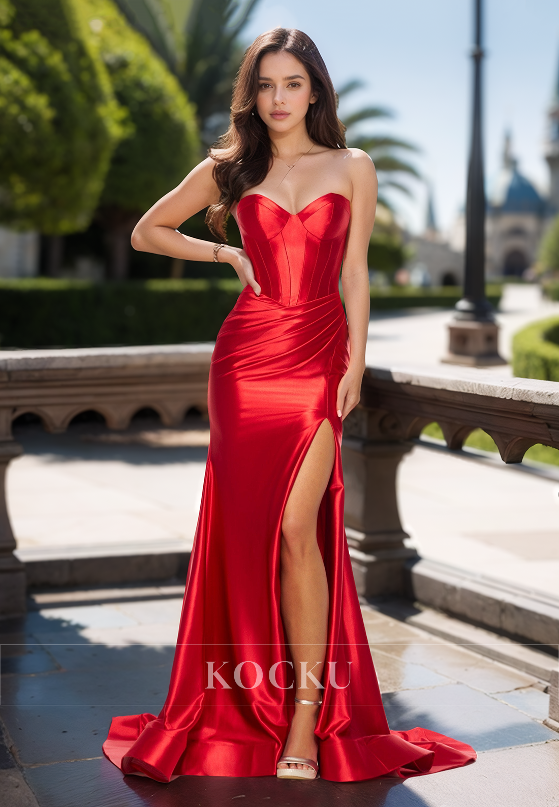 Striking Sweetheart Side Slit Pleated Metallic Prom Dress Long Formal Make Up