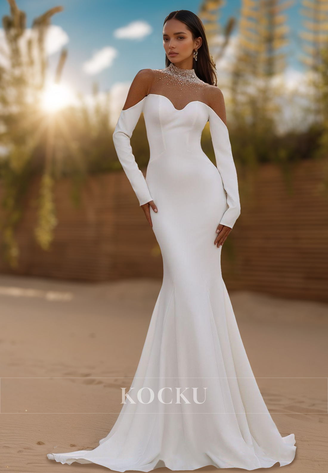 Luxurious High Neck Long Sleeves Mermaid Satin Wedding Dress with Beaded Bridal Gowns