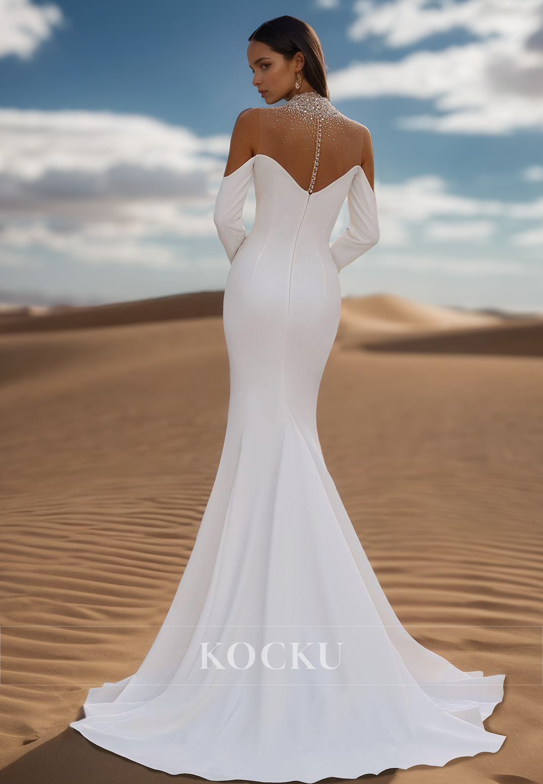 Luxurious High Neck Long Sleeves Mermaid Satin Wedding Dress with Beaded Bridal Gowns
