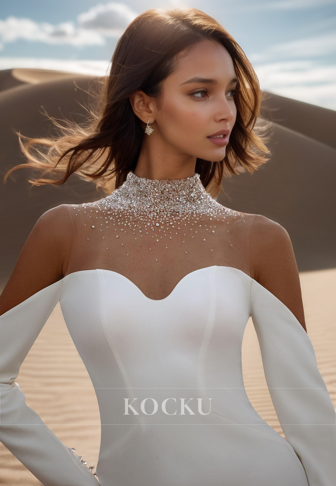 Luxurious High Neck Long Sleeves Mermaid Satin Wedding Dress with Beaded Bridal Gowns